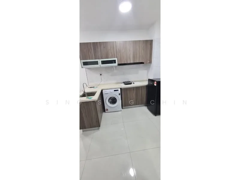 Kitchen features: laminate cabinetry in wood finish, white countertop, single-bowl stainless-steel sink, chrome pull-down faucet, built-in gas hob, front-load washing machine, stainless-steel fridge, white tiled backsplash, recessed LED downlights, glossy ceramic tile flooring; style: modern.