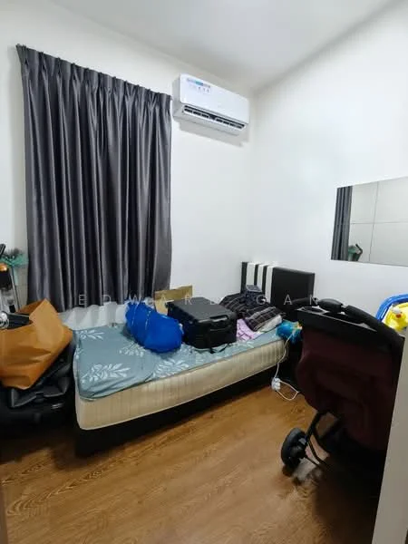 Bedroom features: single bed with mattress, grey curtains, wall-mounted split AC, wooden flooring, mirror on wall, cluttered with luggage, stroller, small bedside table.