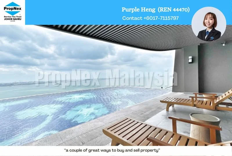 Exterior type: high-rise condominium; features: infinity pool, pool deck with loungers, sea view, glass railing, concrete flooring, overhanging roof, outdoor seating area, landscaped surroundings; style: modern.