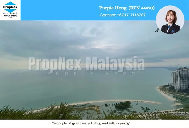 Exterior type: high-rise condominium; features: waterfront view, city skyline in background, beach area, green landscape, cloudy sky, modern architecture, surrounding greenery; style: modern.