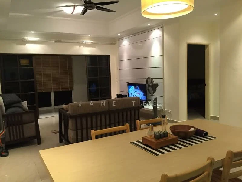 Living features: 3-seater fabric sofa in grey, wooden coffee table, wall-mounted TV, ceiling fan, recessed downlights, wooden blinds, decorative wall paneling, area rug with striped pattern, dining table with wooden chairs, floor-to-ceiling windows; style: modern; view: city.