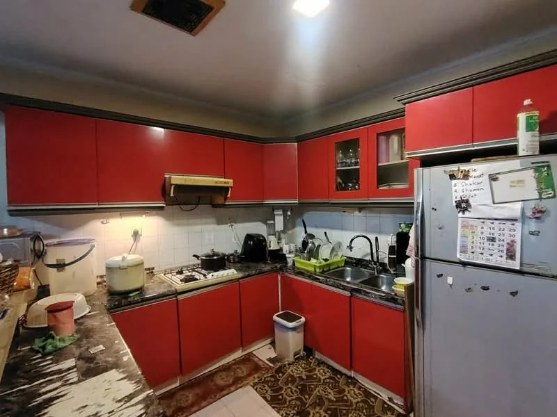 Kitchen features: red cabinetry, black granite countertop, stainless-steel fridge, built-in gas stove, extraction hood, double-bowl stainless-steel sink, chrome pull-down faucet, white tiled backsplash, ceramic tile flooring, kitchen utensils visible, open shelving, microwave, kettle; style: modern.