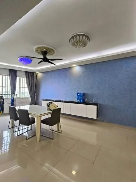 Dining features: white dining table, 4 grey upholstered dining chairs, cream tiled flooring, blue accent wall, recessed LED downlights, decorative ceiling rose, 5-blade ceiling fan, floor-to-ceiling windows with sheer curtains, wall-mounted cabinet with white finish; style: modern.