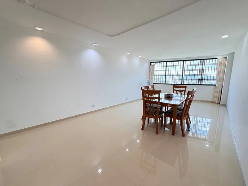 Dining features: white painted walls, glossy ceramic tile flooring, recessed downlights, large windows with grid pattern, dining table with six wooden chairs, decorative centerpiece on table, curtains, neutral color scheme; style: modern.