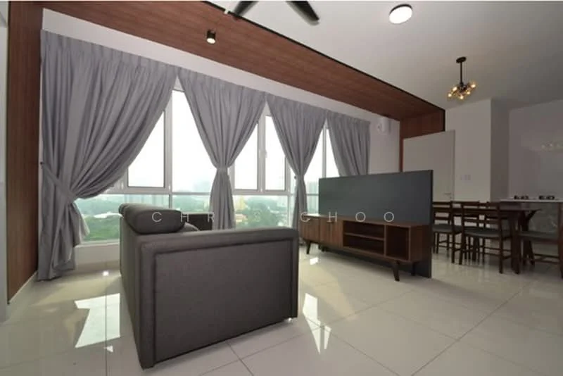 Living features: grey fabric sofa, wooden TV console, floor-to-ceiling windows, sheer curtains, recessed downlights, ceiling fan, white tiled flooring, wood panel accent wall; style: modern; view: city.
