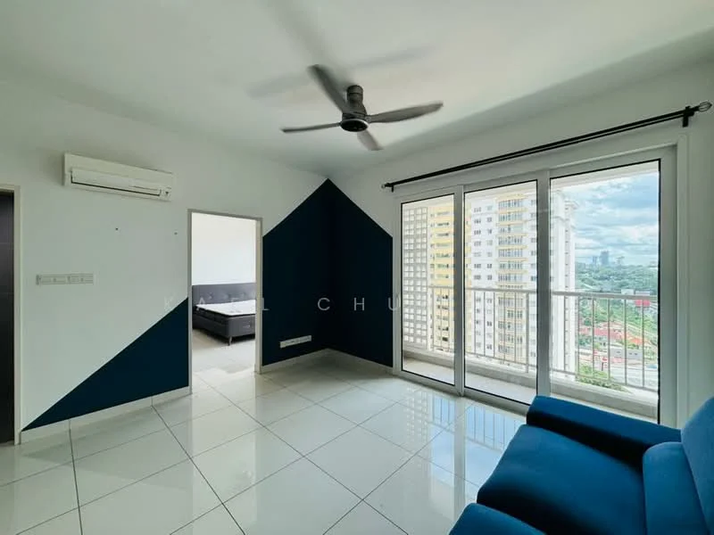 Living features: white painted walls, blue accent wall, glossy white tile flooring, 5-blade ceiling fan, floor-to-ceiling sliding glass door, balcony access, air conditioning unit, sofa in blue fabric; style: modern; view: city. Room features: doorway leading to another room.