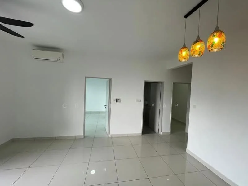 Living features: white painted walls, glossy ceramic tile flooring, recessed downlights, 5-blade ceiling fan, hanging pendant lights with colored glass shades, doorway to adjacent rooms, air conditioning unit on wall; style: modern.