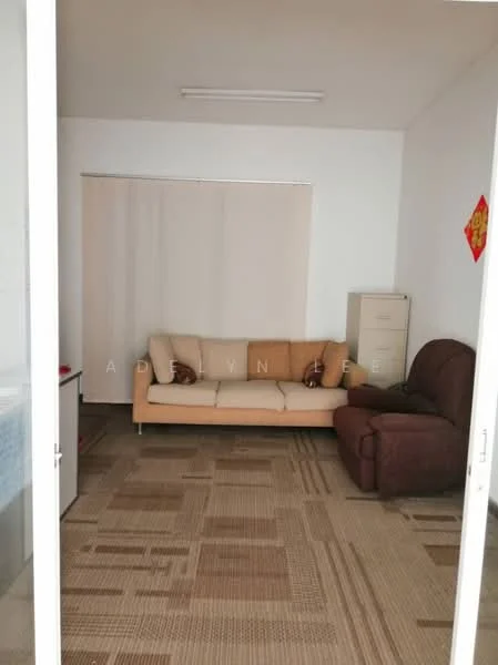 Living features: beige fabric sofa, brown leather recliner, light-colored walls, laminate flooring, window with sheer curtains, ceiling lights, storage cabinet, decorative wall hanging.