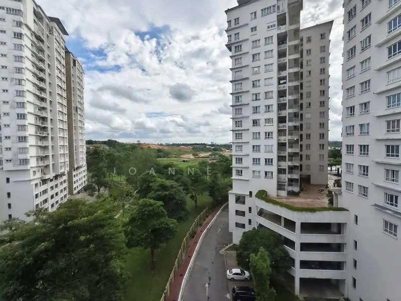 Exterior type: high-rise condominium; features: white painted facade, glass curtain wall, surrounded by greenery, landscaped garden, driveway with interlocking pavers, parking area, balconies on upper floors, multiple storeys; style: modern.