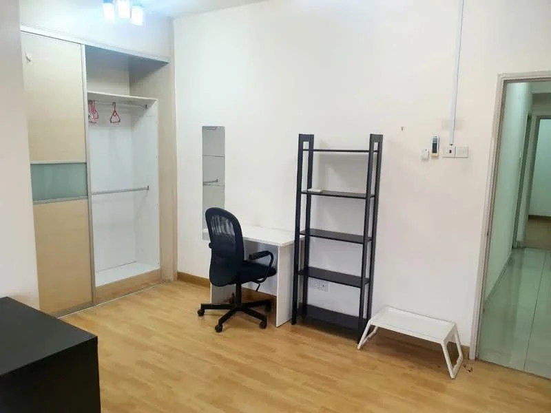 Room features: light wood laminate flooring, white painted walls, built-in wardrobe with sliding doors, mirror on wall, desk with chair, open shelving unit, white step stool, ceiling light fixture; style: modern.