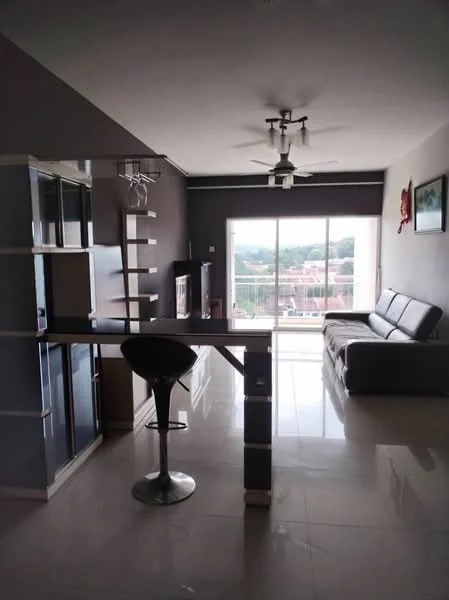 Living features: grey painted walls, glossy tile flooring, 5-blade ceiling fan with light, sofa in dark grey, glass coffee table, TV console, floor-to-ceiling windows, city view, open shelving unit, bar stool at counter, decorative wall art; style: modern; view: city.