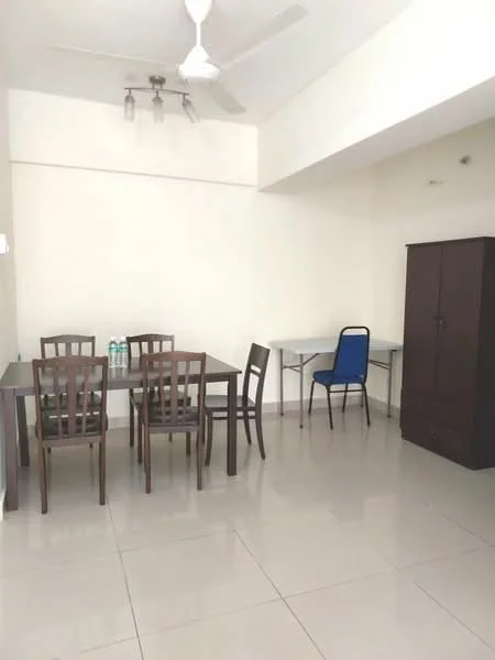 Dining features: 4-seater dining table, brown wooden dining chairs, blue upholstered chair, dark wooden cabinet, white painted walls, glossy tile flooring, ceiling fan, recessed downlights; style: modern.