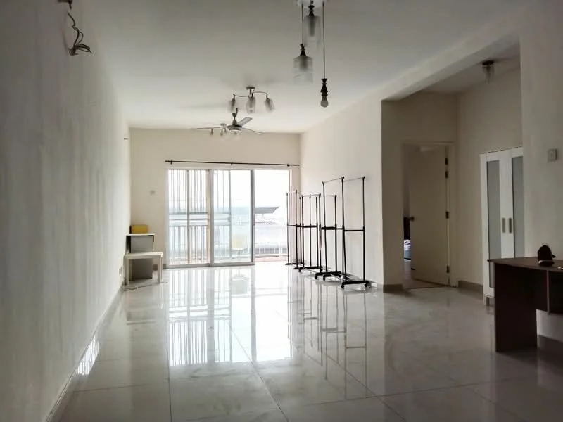 Living features: white painted walls, polished ceramic tile flooring, 5-blade ceiling fan with light, recessed downlights, floor-to-ceiling windows, sliding glass door, sheer curtains, open space layout, balcony access, minimalist decor; style: modern; view: city.