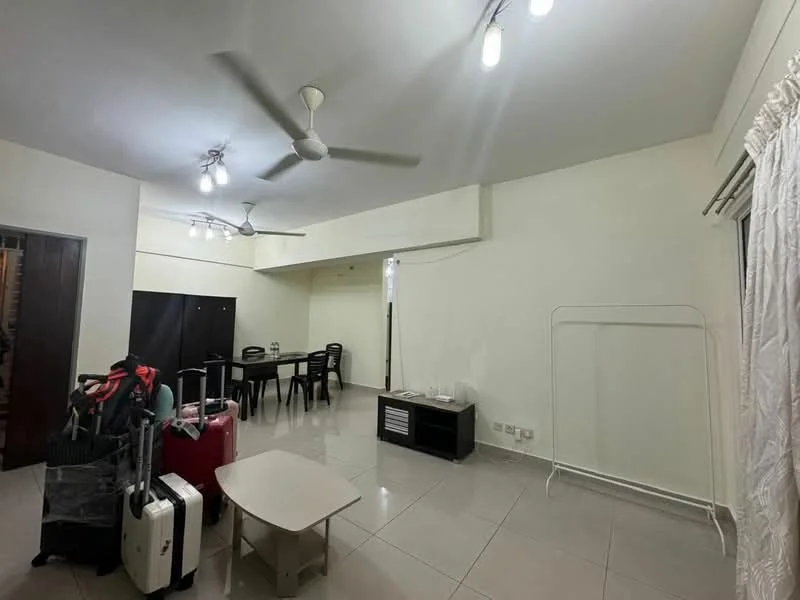 Living features: white painted walls, glossy tile flooring, 3-blade ceiling fan, 2 ceiling lights, dining table with chairs, black storage cabinets, freestanding TV cabinet, foldable clothes rack, luggage, coffee table; style: minimalist.