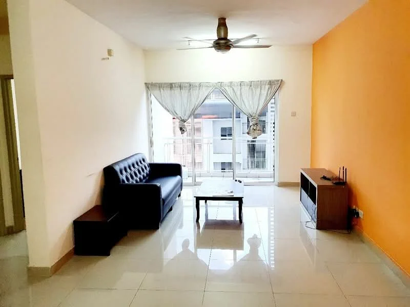 Living features: 3-seater black leather sofa, coffee table, TV console, floor-to-ceiling windows, sheer curtains, orange accent wall, white painted walls, polished ceramic tile flooring, ceiling fan with light, decorative wall-mounted shelf; style: modern.