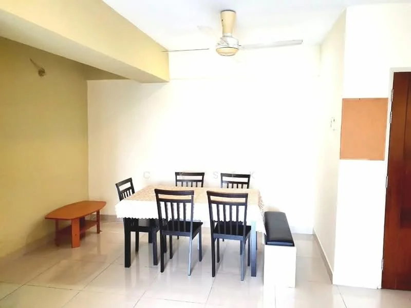 Dining features: 6-seater dining table, black dining chairs, cream tablecloth, ceiling fan, white painted walls, light-colored flooring, wooden side table, bench seating, natural light from window; style: modern.