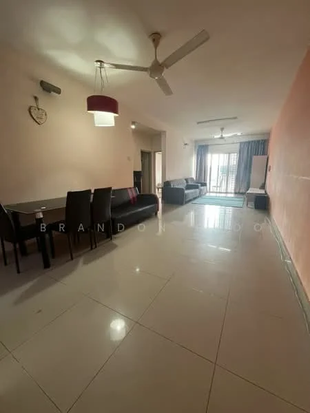 Living features: cream painted walls, white ceiling, recessed downlights, 5-blade ceiling fan, 3-seater fabric sofa in dark grey, 2-seater fabric sofa in dark grey, coffee table, TV console, floor-to-ceiling windows, sliding glass door, tile flooring, dining table with 6 chairs, curtains, area rug; style: modern; view: garden.