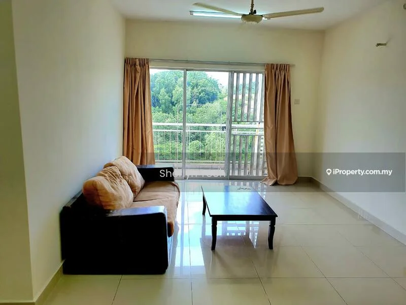 Living features: 3-seater fabric sofa in brown, coffee table, floor-to-ceiling windows, sliding glass door, curtains, white painted walls, tile flooring, ceiling fan; style: modern; view: garden.