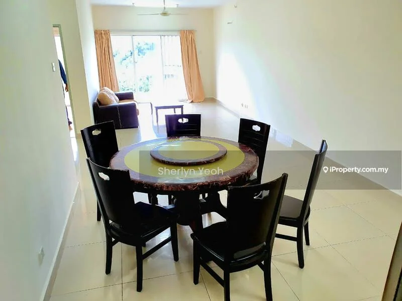 Dining features: round dining table with marble top, 6 black dining chairs, cream painted walls, white tiled flooring, ceiling fan, curtains, sliding glass door leading to balcony, sofa visible in background; style: modern; view: garden.