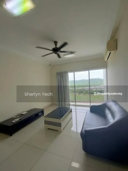 Living features: 3-seater leather sofa in blue, coffee table with glass top, TV console, floor-to-ceiling windows, curtains, wall-mounted split AC, ceiling fan with light, white painted walls, glossy tile flooring, mountain view; style: modern; view: mountain.