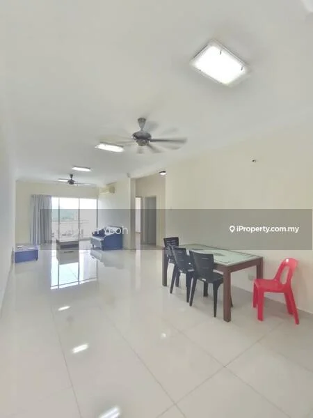 Living features: white painted walls, glossy ceramic tile flooring, 5-blade ceiling fan with light, recessed LED downlights, large windows with sheer curtains, dining table with 4 chairs, red plastic chair, sofa, TV console, area rug; style: modern; view: city.