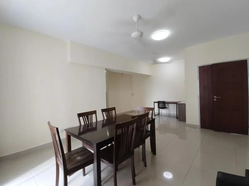 Dining features: dining table with 6 wooden chairs, white painted walls, glossy ceramic tile flooring, 2 ceiling fans, recessed ceiling lights, large window for natural light, neutral color scheme, open layout to adjacent room; style: modern. Study features: study desk, black office chair, white painted walls, glossy ceramic tile flooring, recessed ceiling lights; style: modern.