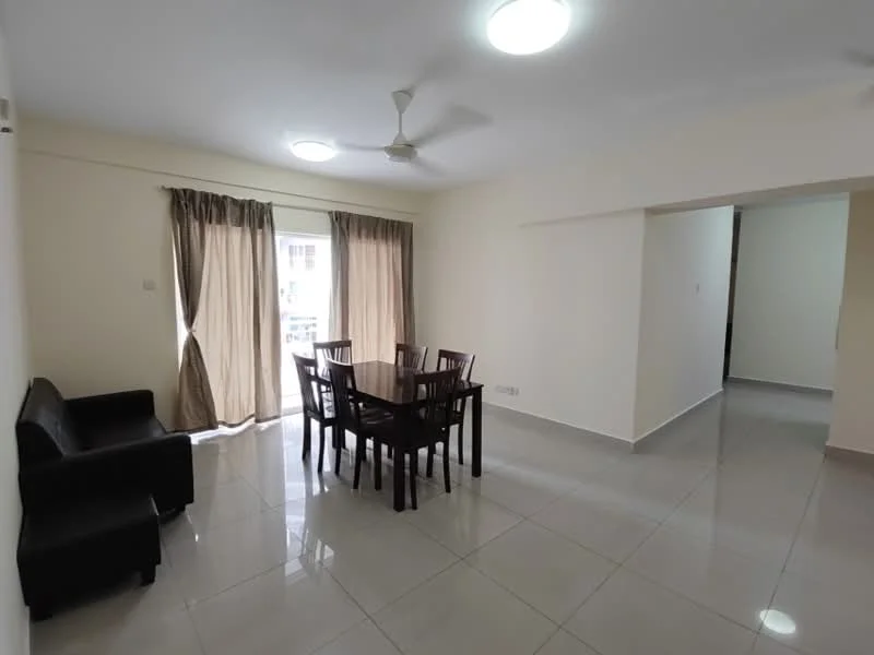 Living features: grey tiled flooring, white painted walls, ceiling fan, dining table with 6 chairs, black leather sofa, floor-to-ceiling windows with sheer curtains, natural light from window, recessed ceiling lights; style: modern.