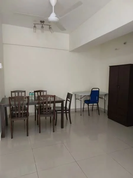 Dining features: 4-seater dining table, wooden dining chairs, ceramic tile flooring, white painted walls, ceiling fan, recessed downlights, glass-top dining table, brown wooden cabinet; style: modern. Room features: additional folding table, blue upholstered chair.
