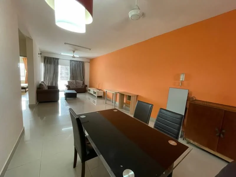 Living features: orange accent wall, white painted walls, glossy tile flooring, 5-blade ceiling fan, recessed lighting, sofa set, dining table with black glass top, black leather dining chairs, wooden sideboard, curtains, large windows with natural light; style: modern; view: city.