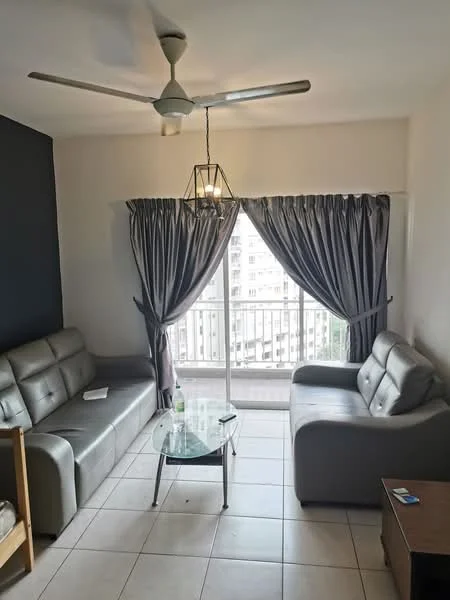 Living features: 2 grey leather sofas, glass coffee table, ceiling fan with light, floor-to-ceiling windows, grey curtains, white painted walls, tile flooring, wooden side table; style: modern; view: city.