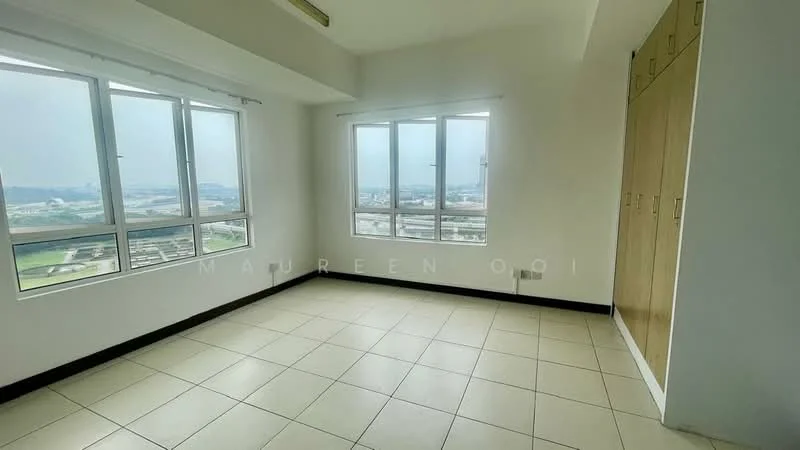 Room features: large windows, white walls, tile flooring, built-in cabinets, neutral color scheme, city view, natural light, corner room; style: modern; view: city.