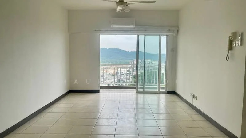 Living features: white painted walls, tile flooring, 5-blade ceiling fan, wall-mounted split AC, floor-to-ceiling sliding glass door, balcony with city view, telephone intercom, light switch, power outlet; style: modern; view: city.