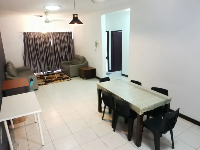 Dining features: 6-seater dining table, black plastic dining chairs, tablecloth, white tiled flooring, ceiling light fixture, pendant light, wall-mounted AC unit, decorative area rug; style: modern. Living features: 2-seater fabric sofa in grey, 2-seater fabric sofa in light grey, coffee table, floor lamp, curtains, wall-mounted TV, white painted walls; style: modern.
