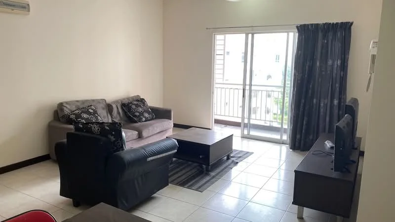 Living features: 3-seater fabric sofa in grey, 2-seater leather sofa, coffee table, TV console, wall-mounted TV, area rug with geometric pattern, floor-to-ceiling sliding glass door, curtains with floral pattern, air conditioning unit, light-colored painted walls, tile flooring; style: modern; view: garden.