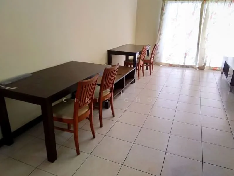 Dining features: rectangular wooden dining table, 4 wooden dining chairs with upholstered seats, large windows with sheer floral curtains, tiled flooring, neutral wall color, side table, natural light from windows; style: modern.