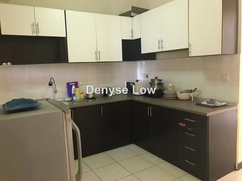 Kitchen features: white upper cabinets, dark wood lower cabinets, grey laminate countertop, stainless-steel fridge, built-in sink, chrome faucet, ceramic tile backsplash, wall-mounted kitchen hood, kitchen utensils on countertop, dishes on countertop, tile flooring, under-cabinet lighting; style: modern.