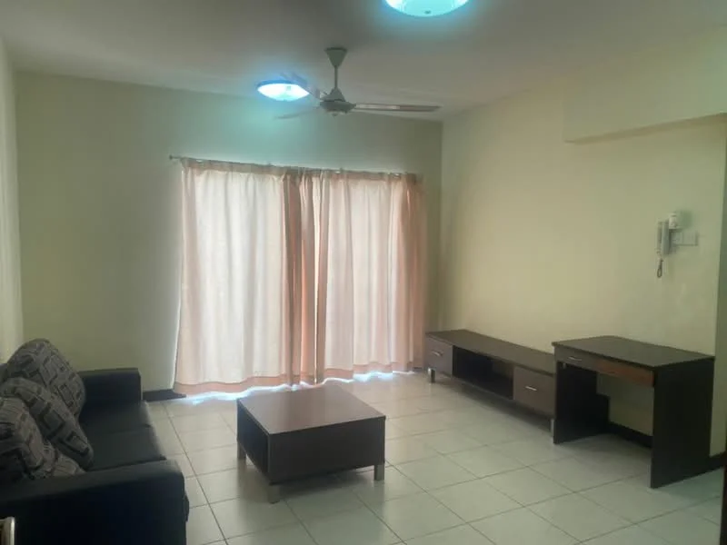 Living features: 3-seater fabric sofa in black, coffee table, TV console, wall-mounted phone, floor-to-ceiling windows, sheer curtains, tile flooring, ceiling fan with light, recessed ceiling lights, light beige painted walls; style: modern.