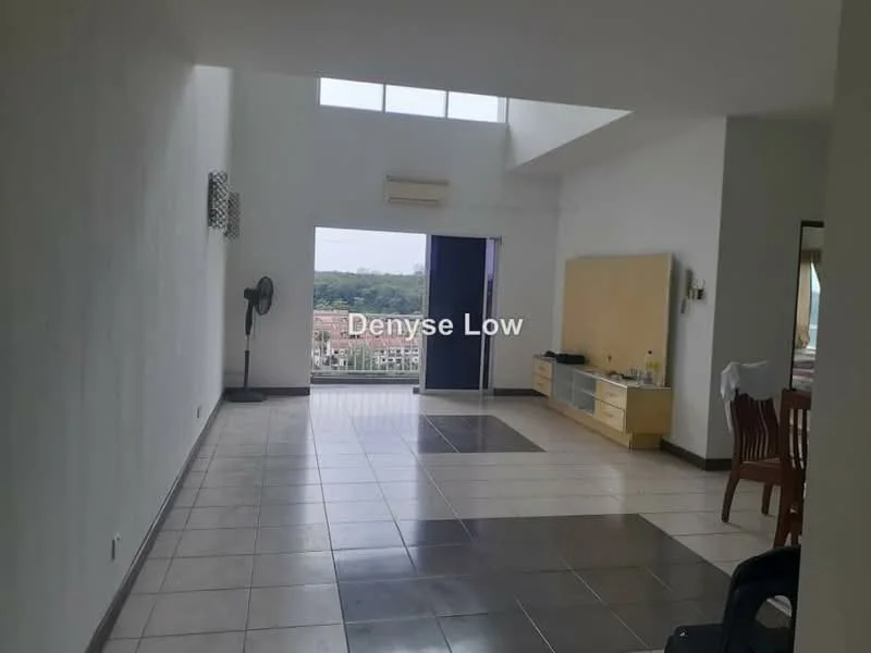 Living features: white painted walls, tile flooring, large windows, sliding glass door, ceiling fan, air conditioning unit, dining table, wooden dining chairs, TV console, light-colored cabinetry, open layout, view of the city, decorative wall art; style: modern; view: city.