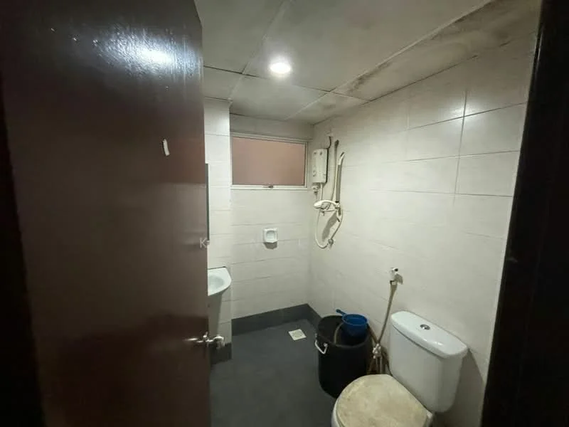 Bathroom features: white tiled walls, black tile flooring, single-sink vanity, chrome basin mixer faucet, one-piece toilet, shower with handheld showerhead, exhaust fan, window for natural light.