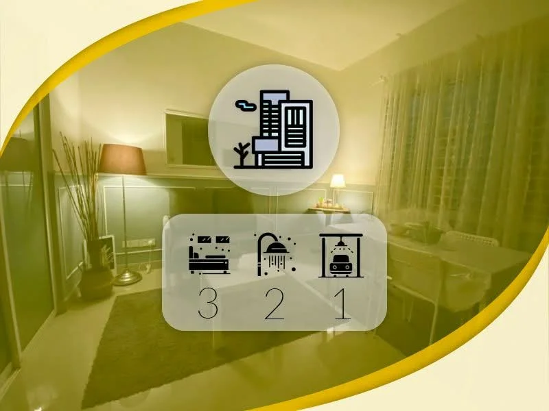 Room features: laminate flooring, cream painted walls, floor-to-ceiling windows, sheer curtains, table with chairs, decorative lamp, area rug, wall-mounted mirror; style: modern; view: city.