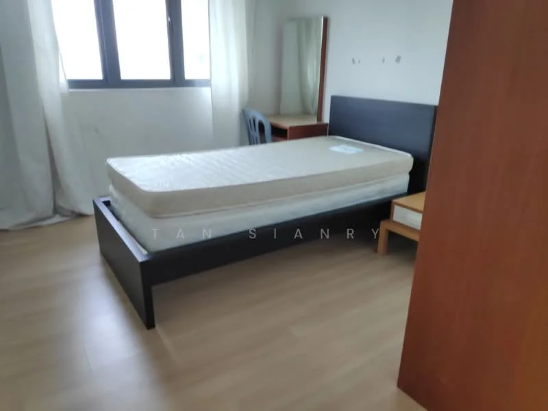 Bedroom features: queen-size bed frame, mattress on bed frame, wooden bedside table, wooden dresser, large window with sheer curtains, light wood flooring, plain white walls, mirror on dresser; style: minimalist.