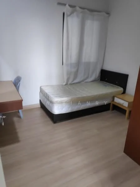 Bedroom features: single bed, mattress on bed frame, wooden bedside table, study desk, plastic chair, light-colored walls, laminate flooring, curtains, window, minimal decor; style: minimalist.