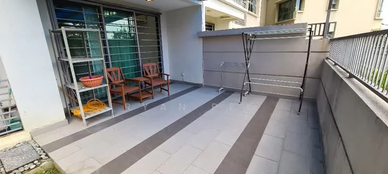 Room features: outdoor patio, grey tiled flooring, two wooden chairs, small round table, metal drying rack, concrete wall, glass sliding door, shelving unit, decorative bowl, open space; style: modern; view: garden.