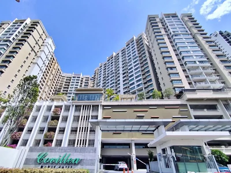 Exterior type: high-rise condominium; features: glass curtain wall, white painted facade, recessed balconies, vertical fins, landscaped garden at base, multiple storeys visible, main entrance with awning, signage at entrance, surrounded by greenery, modern architectural design; style: modern.