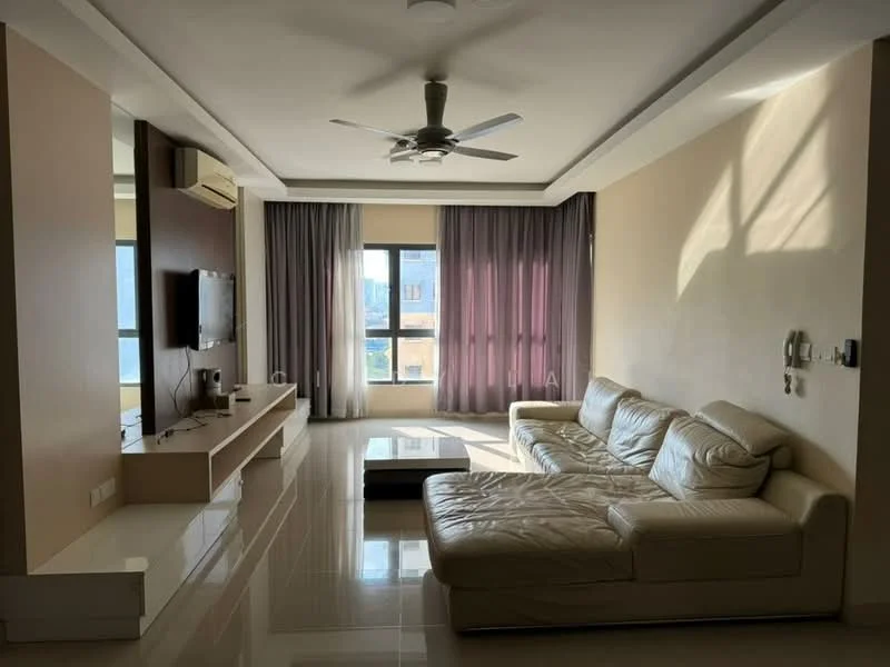Living features: L-shape sectional sofa in white leather, coffee table, wall-mounted TV, TV console, 5-blade ceiling fan with light, recessed downlights, floor-to-ceiling windows, sheer curtains, cream painted walls, glossy tile flooring, air conditioning unit; style: modern; view: city.