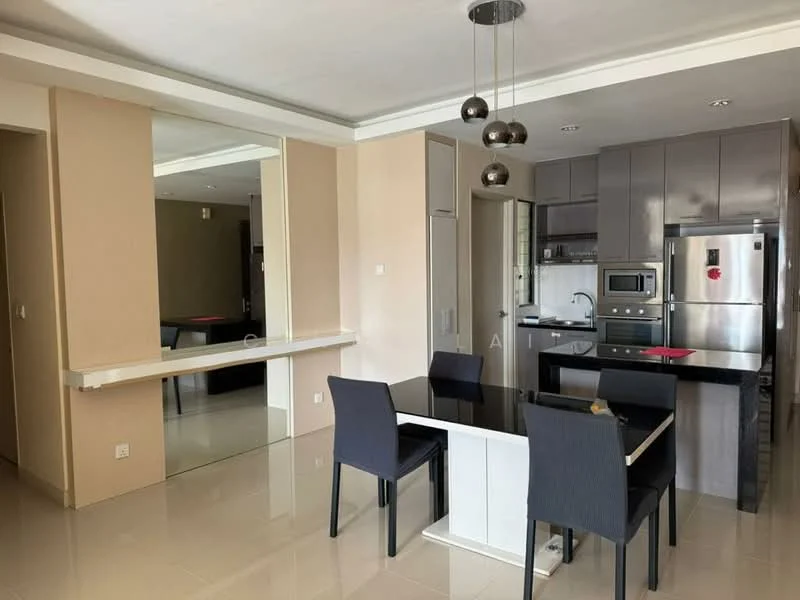 Kitchen features: black granite countertop, stainless-steel sink, built-in oven, stainless-steel microwave, stainless-steel fridge, grey cabinetry, ceramic tile flooring, recessed downlights, open layout to dining area, glass dining table, 4 black upholstered dining chairs, mirror wall feature; style: modern.