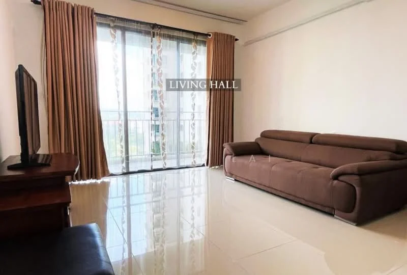 Living features: brown leather sofa, TV console, floor-to-ceiling windows, sheer curtains, balcony door, glossy tile flooring, cream painted walls, recessed ceiling lights; style: modern; view: city.
