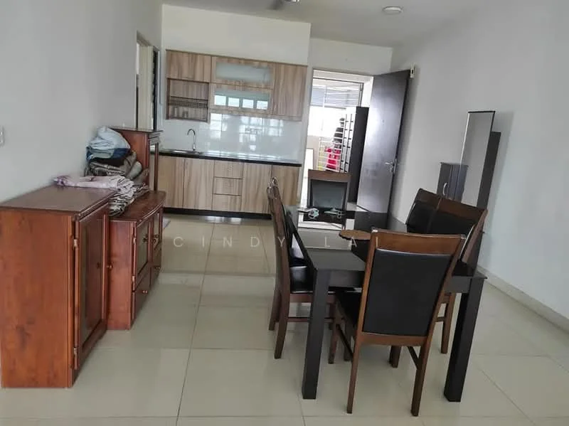 Dining features: dining table with black surface, 4 black upholstered dining chairs, wooden sideboard with drawers, cream tiled flooring, white painted walls, kitchen cabinetry with wood finish, stainless-steel sink, wall-mounted cabinets, open kitchen layout, large window for natural light; style: modern.