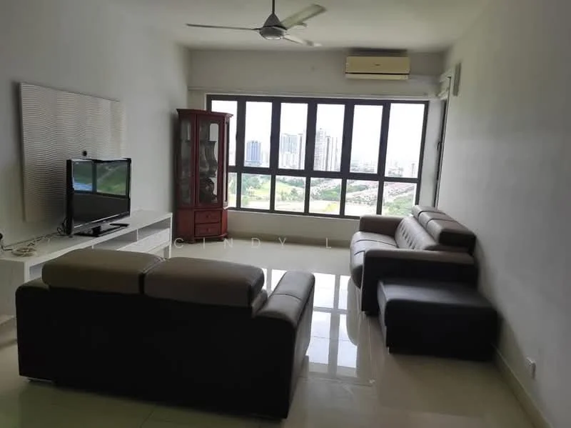 Living features: 3-seater leather sofa in beige, 2-seater leather sofa in dark brown, coffee table, wall-mounted TV, TV console, floor-to-ceiling windows, city view, ceiling fan, air conditioning unit, white painted walls, glossy tile flooring, decorative cabinet; style: modern; view: city.