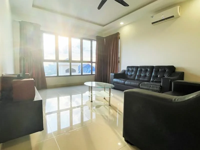 Living features: black leather sofa, glass coffee table, floor-to-ceiling windows, curtains in brown, wall-mounted air conditioning unit, polished tile flooring, ceiling fan, neutral painted walls, recessed lighting; style: modern; view: city.